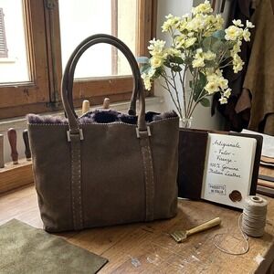 Falor Firenze Artigianale Italian Leather Tote Olive Brown Fur Trim Whipstitch